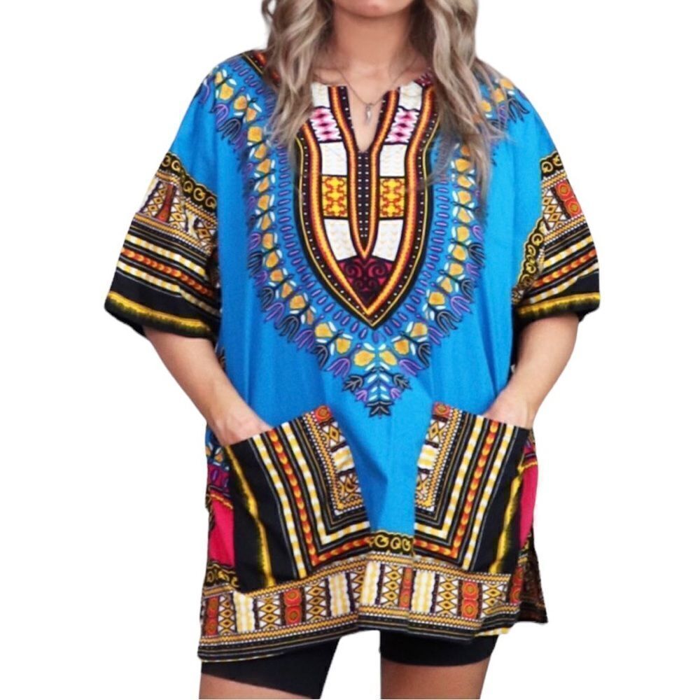 Island Expressions Blue Dashiki Tribal African Tunic Caftan Boho Top Sz L NWOT